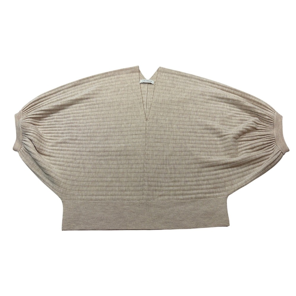 Club Monaco 100% Wool Ribbed Batwing V-Neck Sweater Beige Oatmeal OS